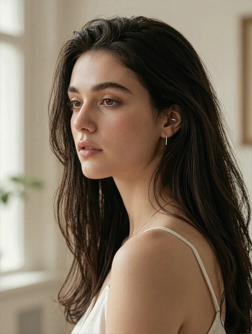 Fictional AI character in profile at a bright window, long dark hair over a white camisole