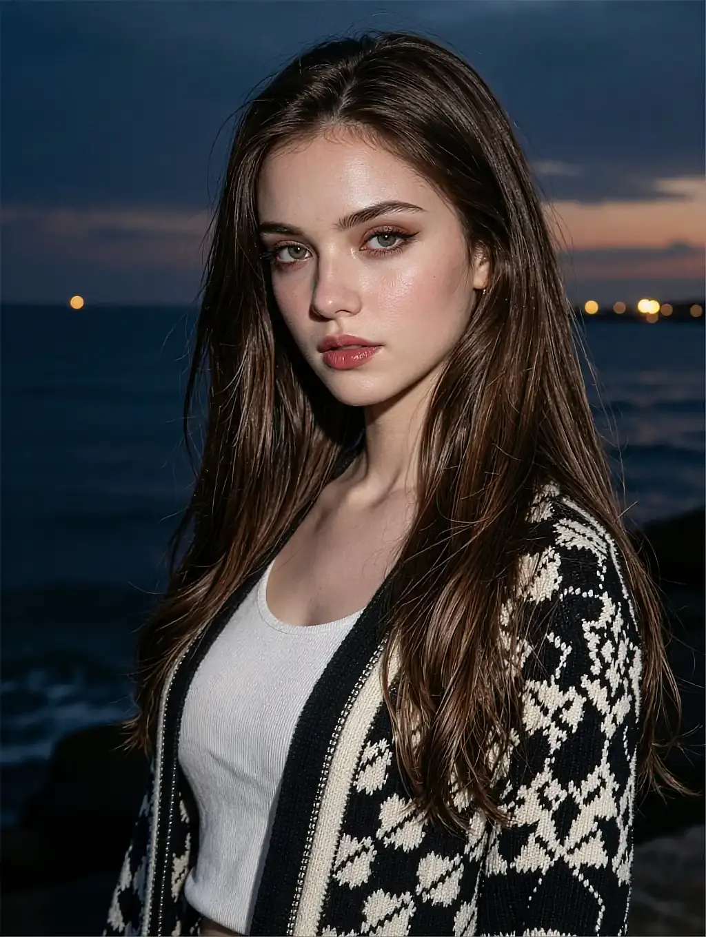 Fictional AI character in a patterned cardigan over a white top, night sea behind her shoulder