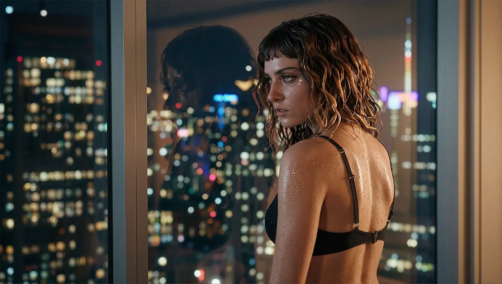 Fictional AI character seen from behind in a dark room, watching a night city through the window
