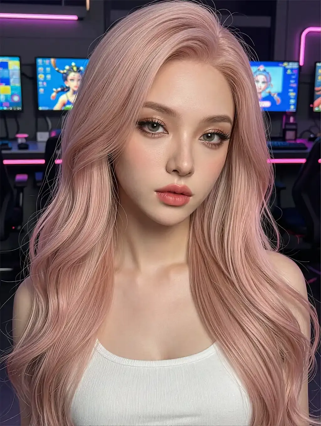 Fictional AI character with long pink hair in a white top at a colourfully lit desk