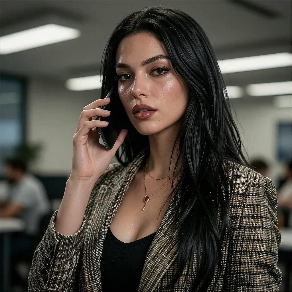 Fictional AI character in a plaid blazer taking a phone call in an office